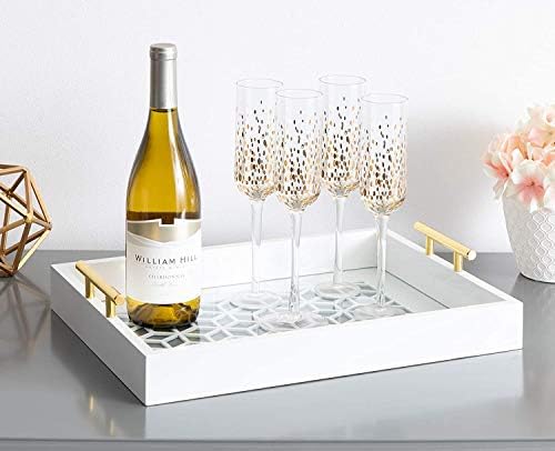 Decorative Tray with Polished Metal Handles, Rectangle Large Plastic Serving Trays for Jewelry Perfume Organizer on Countertop, Hollow Carved Pattern Decor Trays (White)