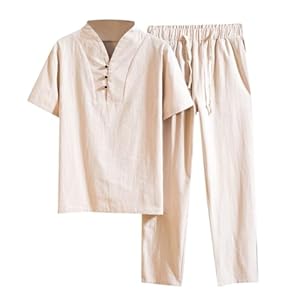WAZHAKU Tenue de loisirs légère en coton - Uniforme zen de méditation pour homme - Ensemble Tang - Pantalon à manches courtes - Manteau en chanfu chinois, kung-fu, tai-chi - Vêtements de sport de