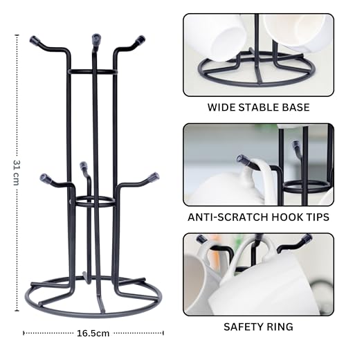 Homiu Black Metal Mug Tree - 6 Hooks, Accommodates 6 Large Mugs - Mug Holders for Kitchen - Robust Mug Stand Cup Holder Kitchen Accessories - Free Standing Mug Holder - Image 2