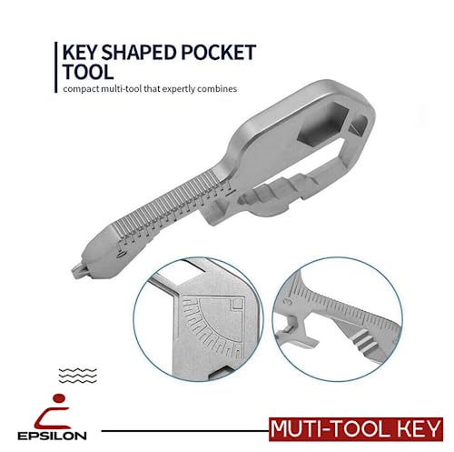 Epsilon Multi-tool Original 16+ Common Tools Stainless Steel Key Shaped Pocket Tool for Keychain Mini Utility Gift for Men, Women, Groomsman, for every ocation Gadget Multifunctional Tool TSA Safe