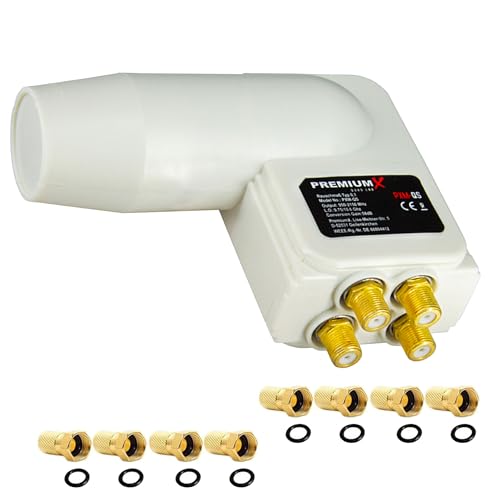 Premium X Quad LNB - 4Fach - für 4 Teilnehmer - 4K Full HD - mit Wetterschutz und LTE Filter + 8X F-Stecker für Satellitenschüssel Digital TV Fernseher SAT Receiver - Weiß
