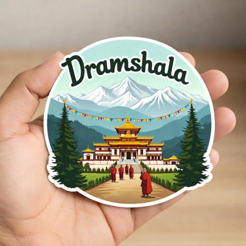 Image of Naxon Dharamshala Town Theme Souvenir Wooden Fridge Magnet | Himalayan Hills, Tibetan Culture Design 3x3 Inch Refrigerator Magnet for Home Decor | Travel Gift from Himachal Pradesh | Pack of 1