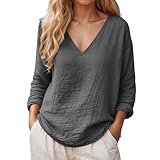 Camiseta de cuello en V para mujer, estilo relajado, con aspecto jaspeado, camiseta con cuello en V y manga larga, camiseta informal para el día a día y la transición, Style_b04 Gris, XXL