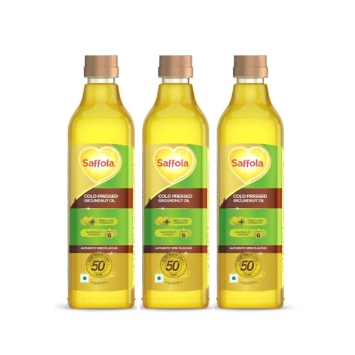 Image of Saffola Cold Pressed Groundnut Oil | 100% Cold Pressed Groundnut Oil | Helps Lower Cholesterol, Goodness of Omega 6 & Authentic Seed Flavour | 1L Pet Bottle (Pack of 3)