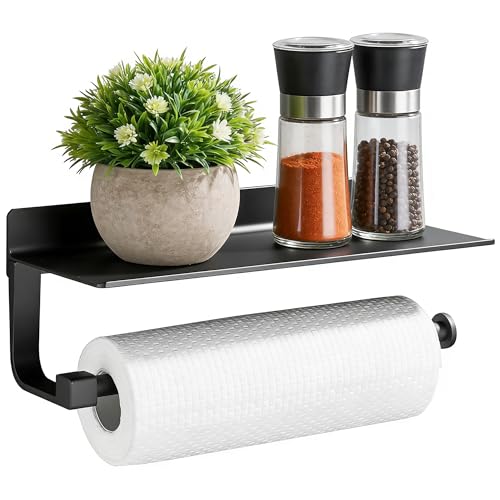 GRICOL Porte-Rouleau de Cuisine sans Perçage Porte-Essuie-Tout Mural Porte-Rouleau de Papier avec Étagère Support pour Papier Essuie-Tout pour Cuisine Noir