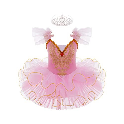 ranrann Enfant Fille Tutu Robe de Ballet Danse Classique Tulle Justaucorps Paillette Robe Costume Performance 3-14 Ans Rose 5-6 Ans
