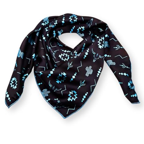 Wild Rag Silk Scarf 36'', Western Cowboy Bandana Square Silky Wild Rags,Black &Turquoise Aztec Cow Skull Tribal Scarves for Men & Women