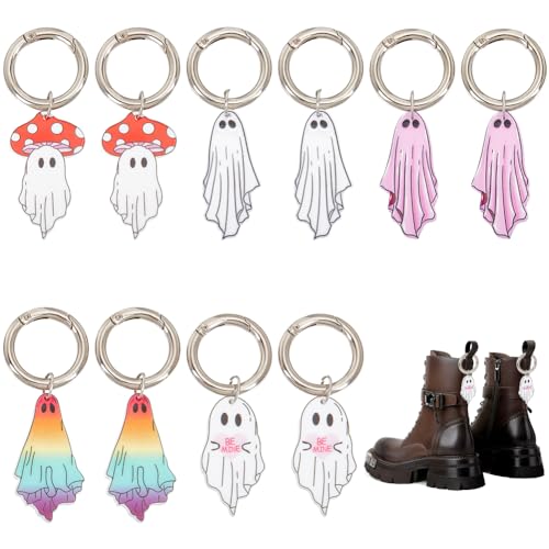 FINGERINSPIRE 10 Pcs Halloween Charms Pendants 5 Styles Ghost Shape Acrylic Shoe Charms with Alloy Spring Rings Halloween Key Chains Ghost Key Rings Halloween Theme Charm for Boots Shoes Bags Decor