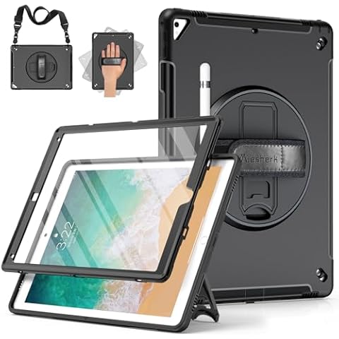 Miesherk Case for iPad Pro 12.9 2nd Generation 2017 & 2015 1st Generation, Heavy Duty Rugged Shockproof Protective Cover w/360°Rotating Stand/Hand/Shoulder Strap/Pencil Holder Black Cover