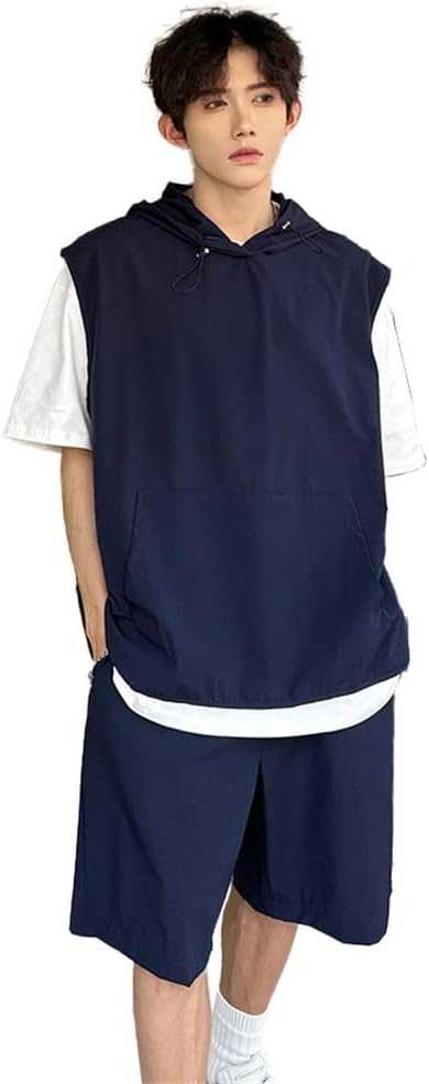 [SURF ZMER] ジャージ メンズ 上下セット tシャツ セットアップ ゆったり 半袖 ジャンスカ フーデッド ベスト 2点セ