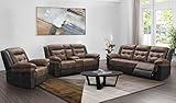 Abbyson Living Two-Tone 3-Piece Fabric Upholstered Power Reclining Sofa, Recliner Loveseat, and Reclining Armchair Set, Camel/Brown