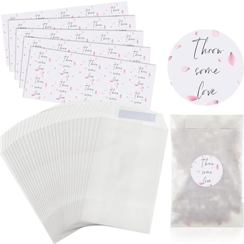 Tenare 50 Sets Wedding Confetti Bags Kit with Stickers 105 x 70 mm Biodegradable Confetti Paper Glassine Bags Empty for Bridal Shower Wedding Party Favors Supplies(Delicate Style)