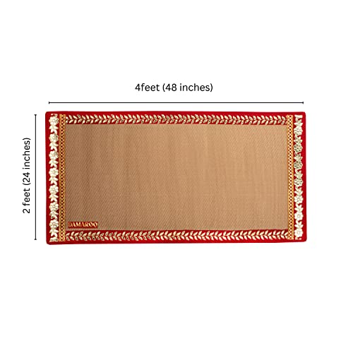 Image of Damaroo Designer Pooja Room Mats-Combo Pack of 3 Pooja Aasans-Handcrafted Aasan for Puja for Sitting Praying Meditation Gifting-1 Large Mat (2x4 ft) + 2 Small Mats (2x2 ft each) (Golden Mat with Red Gota Patti)
