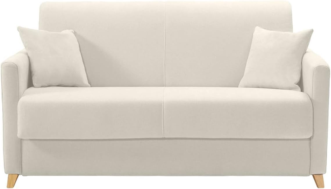 Front view of the assembled Miliboo SKANDY beige convertible sofa with two throw pillows.
