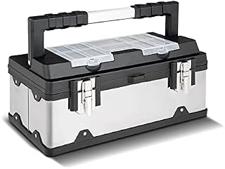 TANGZON 19 Inch Portable Tool Box, 45cm Heavy Duty Stainless Steel Toolbox Case with Removable Tray, Multiple Compartments, Dual Metal Latch & Long Handle, Tool Chest Storage Organizer for Garage Shed