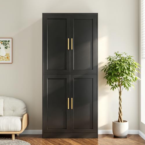 Image of Wanfu 71 inch Tall Pantry Cabinet, Metal Kitchen Pantry Cabinet with 4 Doors and 4 Adjustable Shelves, Kitchen Pantry Storage Cabinets, Metal Storage Cabinet for Kitchen, Dining Room, Living Room-Black