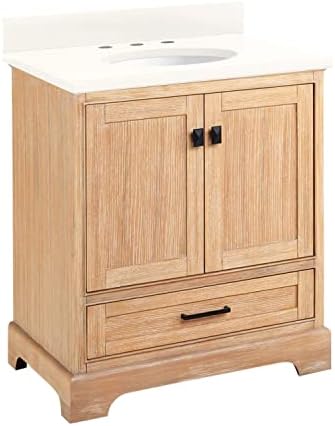 Signature Hardware 483374 Quen 30" Free Standing Single Basin Vanity Set with Cabinet, Vanity Top, and Undermount Sink - 3 Faucet Holes - Driftwood Brown/Arctic White Quartz