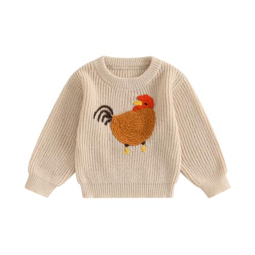 Image of Toddler Baby Girl Boy Knit Sweater Rooster Embroidery Western Country Sweatshirt Oversized Tops Fall Winter Clothes