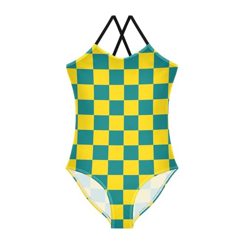 Image of Black and White Chess Girls One Piece Swimsuits Board Marble Tile Sport Halter Swimwear Beach Bathing Suit 3T