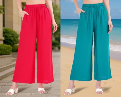 Image of Buy That Trendz Palazzo Pants for Women Cotton Rayon Elasticated Regular Fit Flared Wide Leg M to 6XL Pack of 2