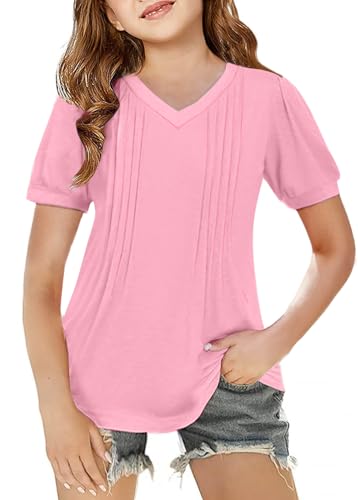 Arshiner Girls Puff Short Sleeve Shirts Pleated Tunic Top Casual V Neck Summer Kids Blouse Tee