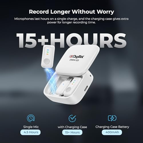 Image of Digitek (DWM 123 2-in-1 Wireless Microphone System with Charging Case & Magnetic Collar Clip, Type-C Receiver for iPhone 15 & Above, Android Phones, 60m Range, Build in Microphone, (White)