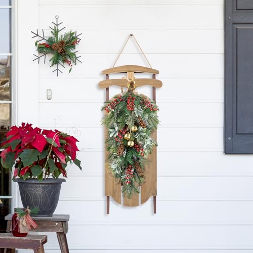 Glitzhome Christmas Vintage Wooden Hanging Sled Wall Signs Decor 34