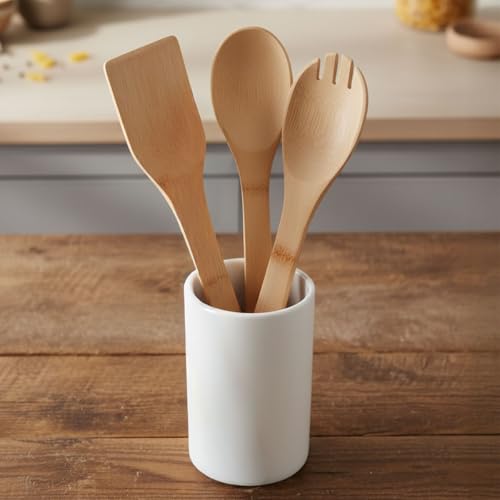 Deconox 3'lü Bambu Mutfak Gereç Seti – Doğal Ahşap Spatula, Kaşık ve Servis Çatalı | Yapışmaz Tencere Dostu, Antibakteriyel ve Isıya Dayanıklı Ahşap Mutfak Seti (30 cm)