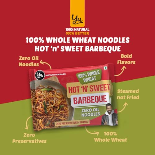Image of Yu Foodlabs 100% Whole Wheat Hot & Sweet Barbeque Instant Noodles - Zero Preservatives Zero Oil Zero & Zero MSG - Atta Noodles in 6 Mins - Veg - 420g (70g x Pack of 18) - Yu, 420 gram, Hot & Sweet