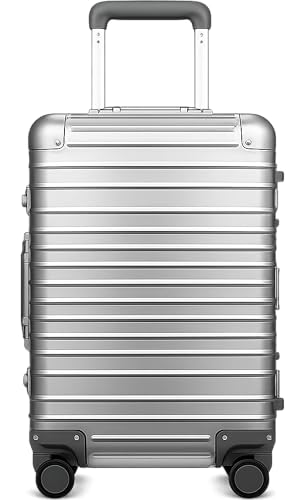Luggex All Aluminium Suitcase Silver Carry on Suitcase Zipperless Luggage Hardshell Metal Suitcases with Spinner Wheels TSA Combination Lock (55 x 38 x 23 cm 40L)