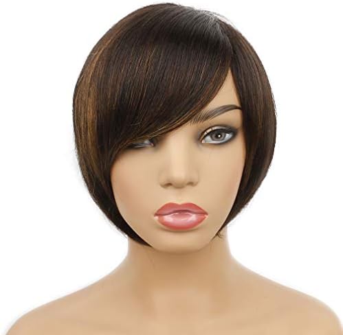 Goldfinch Straight Short Pixie Cut Wig Human Hair Layered Bob Short Wigs with Bangs Highlight Brown Virgin Hair Wig 6 Inches