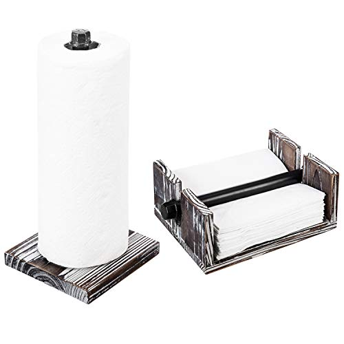MyGift Paper Towel and Napkin Holder Set, Countertop Torched Wood and Industrial Metal Paper Towel Holder and Flat Napkin Holder with Weighted Arm