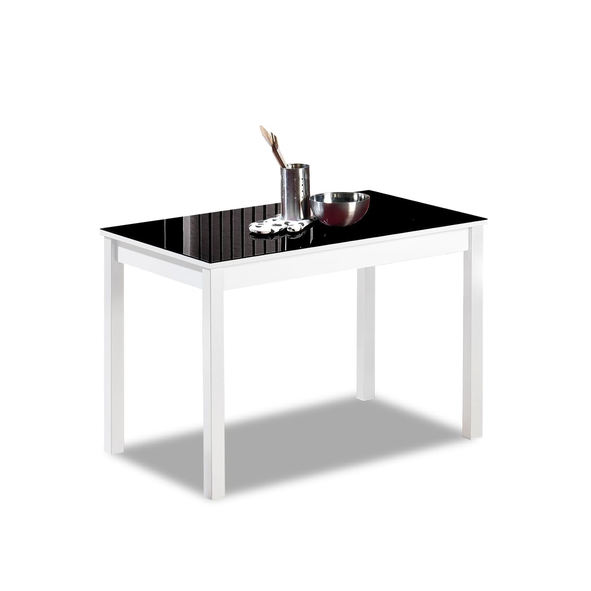 Astimesa - Mesa de Cocina con Tapa de Cristal Color Negro- Estructura Blanca- Ideal para Cocinas Pequeñas y Decoración Minimalista - Práctica para Organizar Espacios - Medidas: 110 cm x 70 cm.