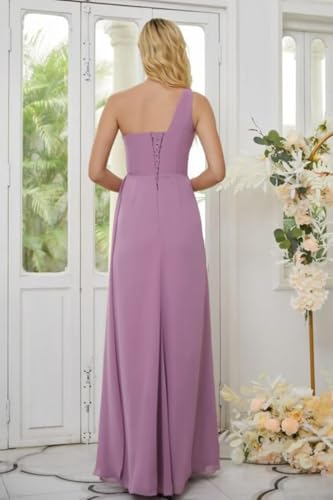 IKMNN One Shoulder Long Bridesmaid Dresses Chiffon A Line Formal Party Dresses with Slit for Women IK0094