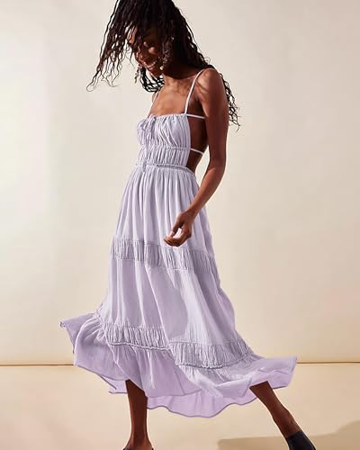 Image of VIUTIL Flowy Maxi Dress for Women Summer Cotton Backless Beach Long Dress with Pockets 2026