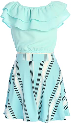 Image of Cold Shoulder Crop Top Ruffle Layered Top Flower Girl Skirt Sets for Girl
