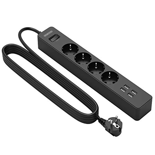 USB Steckdosenleiste 3m, NTONPOWER Mehrfachsteckdose mit ÜBerspannungsschutz 4-Fach 4 USB-Anschlüssen- (Langes Verlängerungskabel, Schwarz)