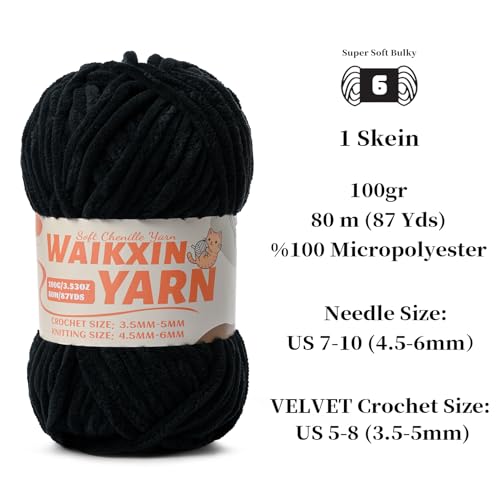 Image of (2 Black) 2 Pack Super Soft Fuzzy Chenille Chunky Yarn for Crocheting, 200g (175yds) Fluffy Velvet Yarn for Hand Knitting Baby Blankets Weaving Craft