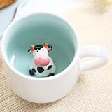 Arawat Kuh Tasse Geschenk 3D Tier Tasse Lustige Kaffeetasse 350 ml Teetasse mit Löffel & Untersetzer Keramik Kaffeebecher Geburtstagsgeschenk für Freund Tante Oma Cute Kaffee Tee Tasse mit Kuh Innen