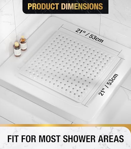 Image of HITSLAM Shower Mat Anti Slip, Square Bath Mat for Tub Non Slip with Suction Cups and Drain Holes, 21x21 Inch Bathroom Shower Stall Floor Mat, Machine Washable, Soft on Feet, White