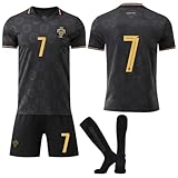 ZGHQHCDRH Fußball Trikot für Kinder, Nr.7 Football Fußballtrikot Set, Fußballtrikot Kinder, Shorts, Socken Football Set für Junge und Mädchen, Größe 24 (Schwarz, Höhe:130-140 cm)