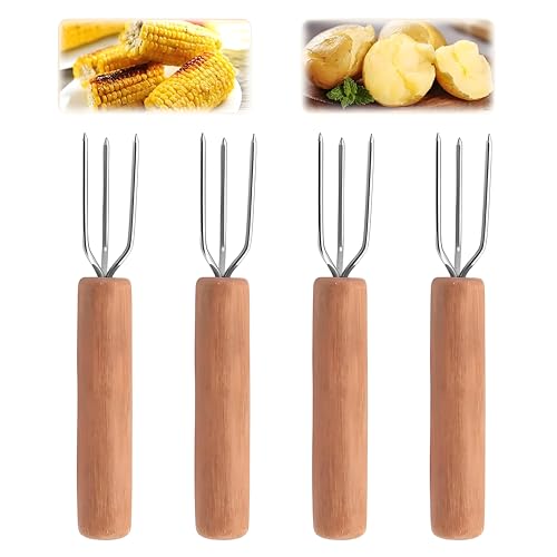 4 Stück Pralinengabel, Hochwertige Pellkartoffelgabel, Kartoffelgabel aus Edelstahl Rostfrei, Griff aus Buchenholz, Salatbesteck Edelstahl, Pellkartoffelbesteck