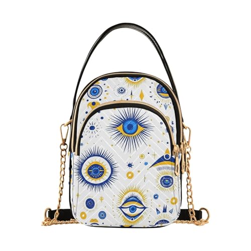 Blue Yellow Evil Eyes Sling Bag for Women, Small Shoulder Bag Crossbody Bag Purse with Chain Strap Top handle 5.91×3.15×8.27 Inches