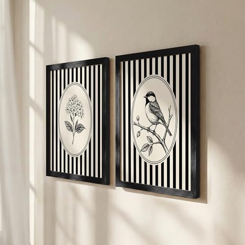 Image of NoWorries Vintage Botanical Bird & Floral Wall Art Prints Set of 2, Black and White Striped Gallery Wall Decor, Minimalist Farmhouse Bird Illustration, Framed Nature Artwork for Living Room Bedroom Office (Art-2, 10x13inch)