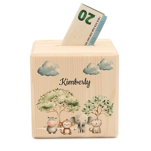 Geschenkfreude Spardose personalisiert mit Namen aus Holz - 10x10cm Holzspardose mit Schloss - UV-Druck Spardosen mit Namen - Taufe Geschenke für Junge/Mädchen - Geschenk zur Geburt - Afrika