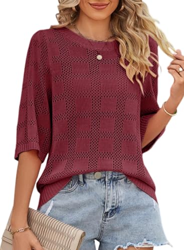 Dokotoo Women's Casual Short Sleeve Loose Tunic Tops Lightweight Crochet Knit Summer Sweaters Blouses2