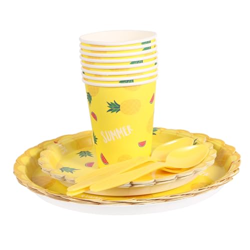 VILLFUL 一次性菠?餐? 使い捨て誕生日パーティー食器 点 夏の家用おままごとディナーウェア で簡単装飾可能 用お祝いコップ皿フォークス
