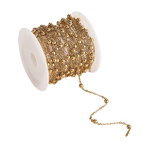 Airssory 16,4 pi (5 mètres) 304 en acier inoxydable plaqué or chaînes de câbles plats chaînes satellites avec perles rondes soudées avec bobine pour la fabrication de bijoux