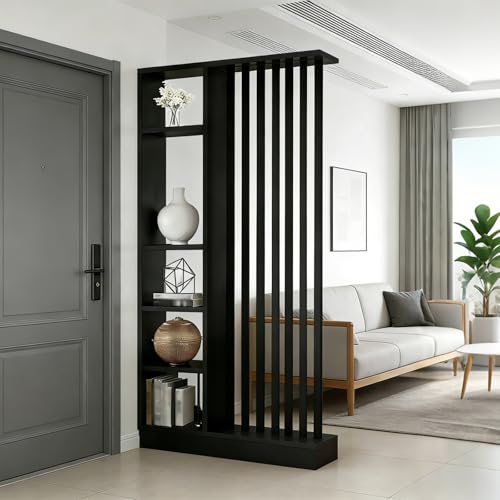 Room Divider with Shelves Entrance Hall Partition Screen Column Floor to Ceiling - Freestanding Room Divider with Storage Shelf (A Black + Black 39.4in / 100cm)