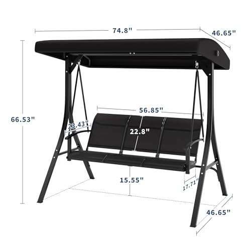 Image of GarveeLife 3-Seat Patio Swing Chair, Outdoor Porch Hanging Swings with Adjustable Canopy and Armrests, Breathable Textilene Fabric Seat & Backrest, Swing Bench for Garden, Poolside, Backyard, Black